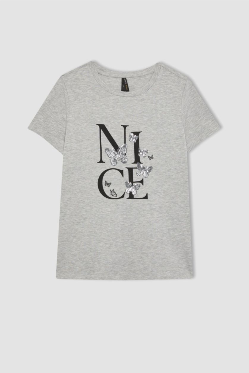 نساء ميلانج رمادي تيشيرت نص كم قصة عادية برسمة الفراشة