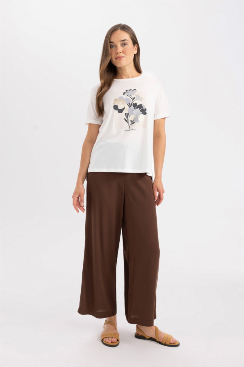 WOMAN Ecru Relax Fit Crew Neck Printed T-Shirt