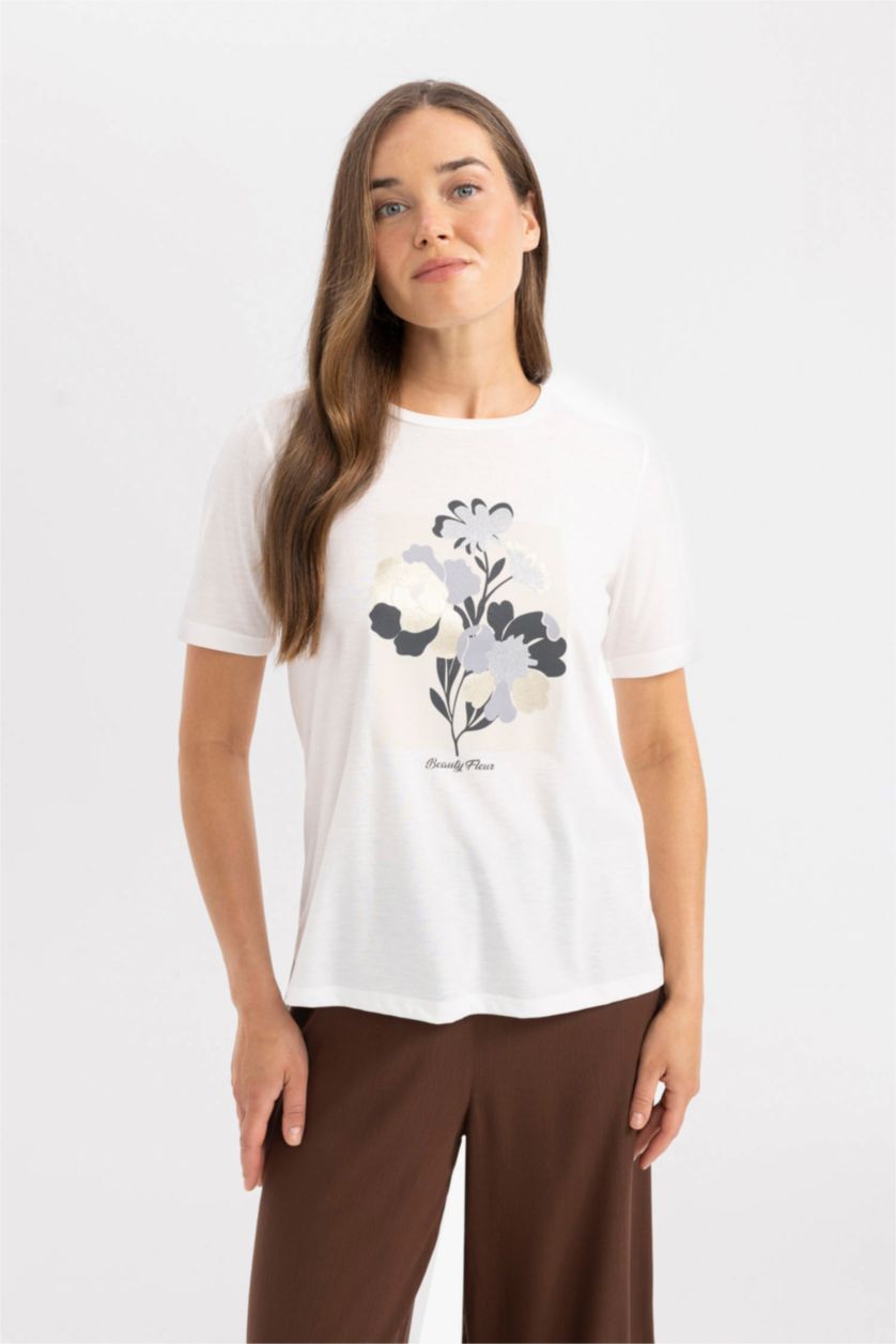 WOMAN Ecru Relax Fit Crew Neck Printed T-Shirt