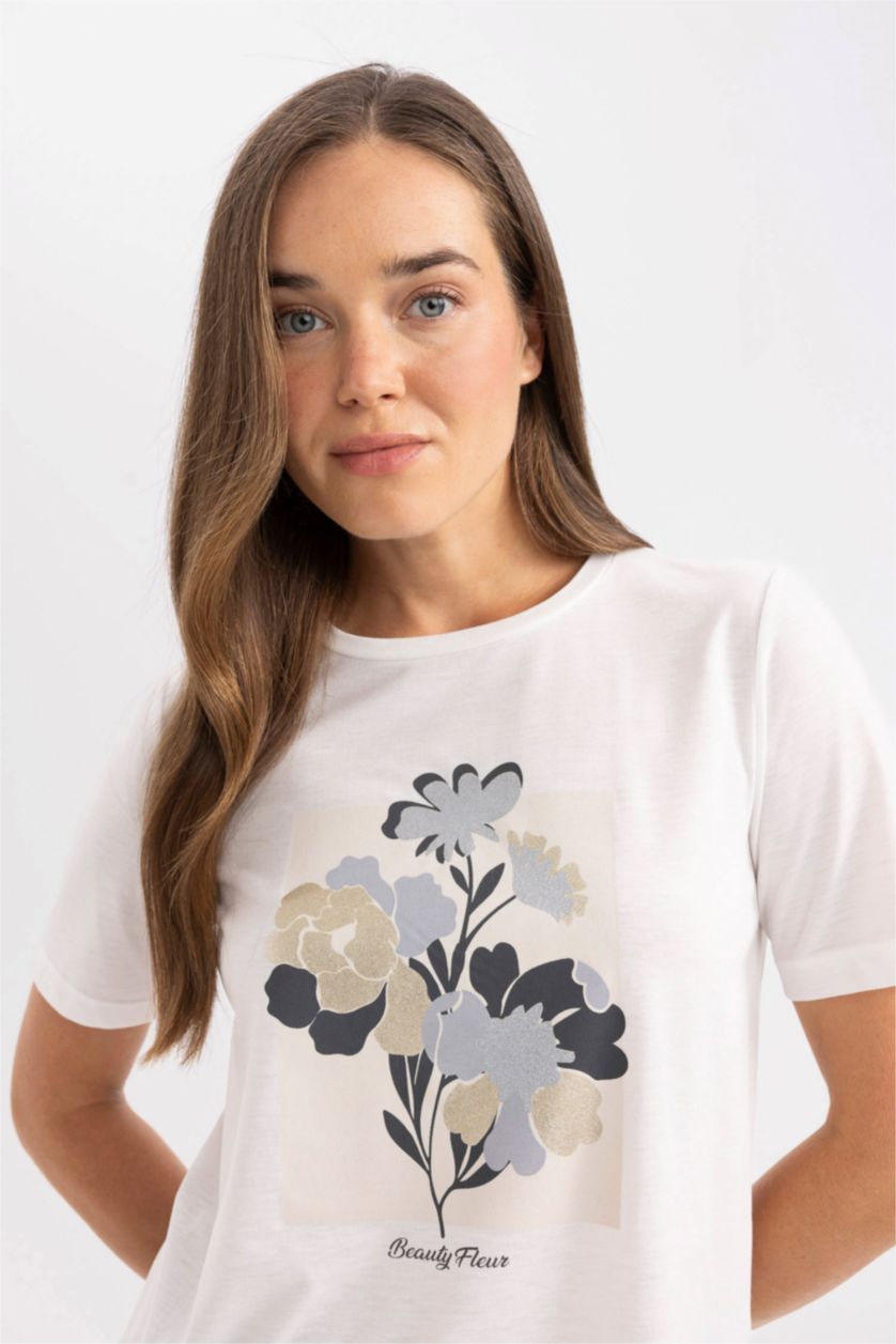 WOMAN Ecru Relax Fit Crew Neck Printed T-Shirt