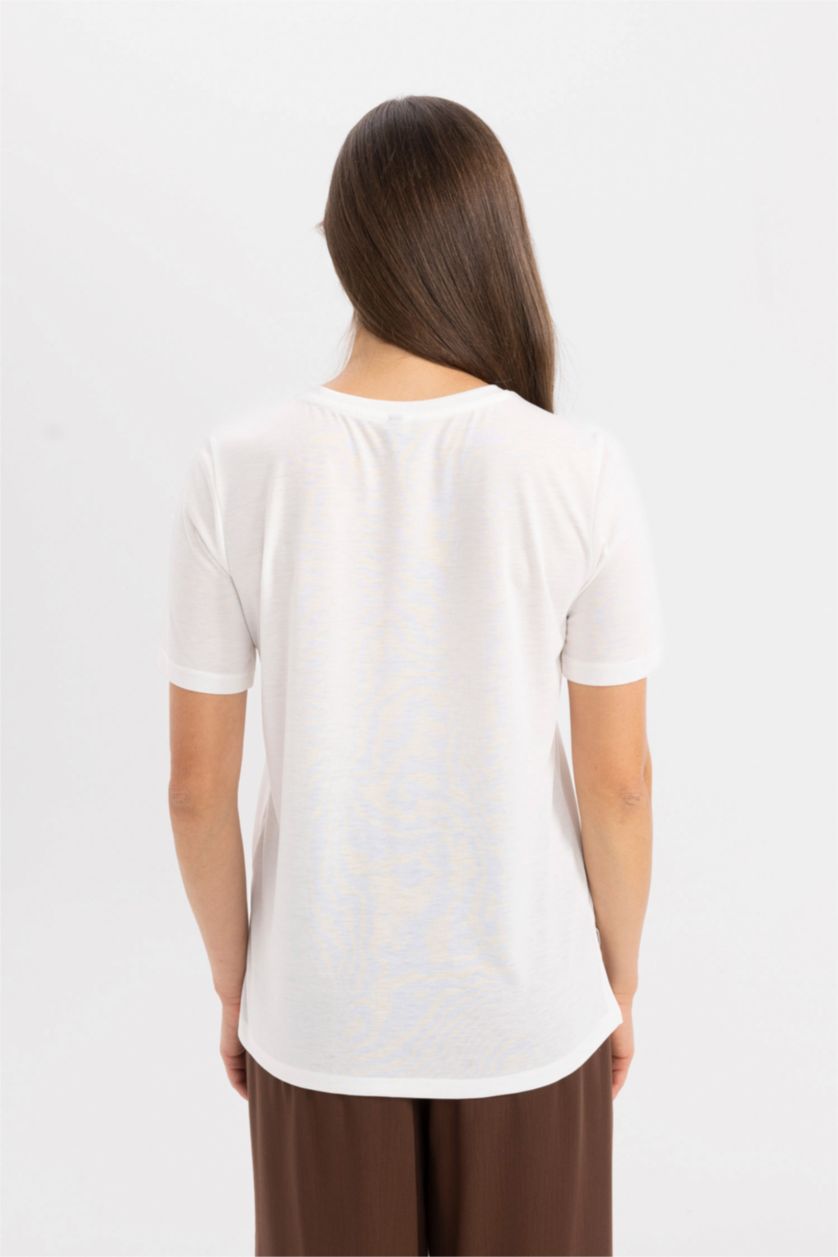 WOMAN Ecru Relax Fit Crew Neck Printed T-Shirt