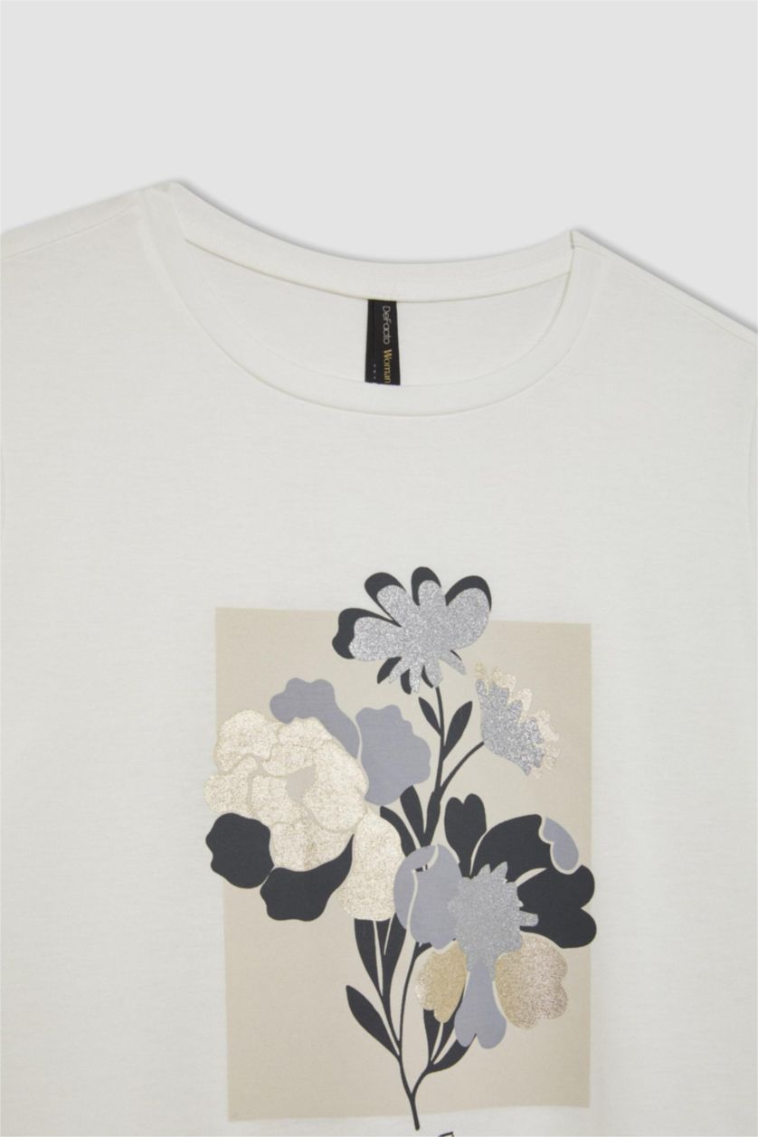 WOMAN Ecru Relax Fit Crew Neck Printed T-Shirt