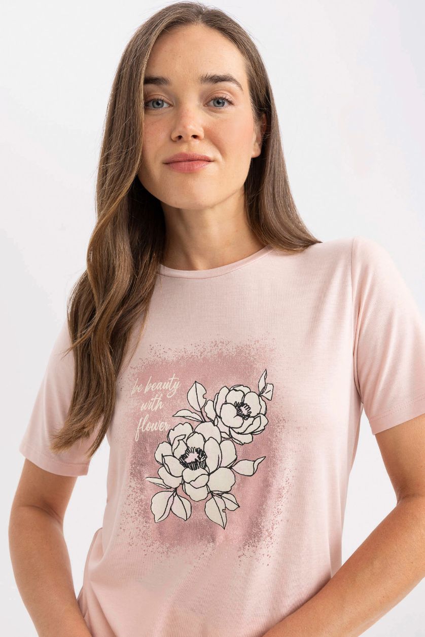 نساء وردي تيشيرت بنقشة الزهور نص كم قصة عادية برقبة مستديرة