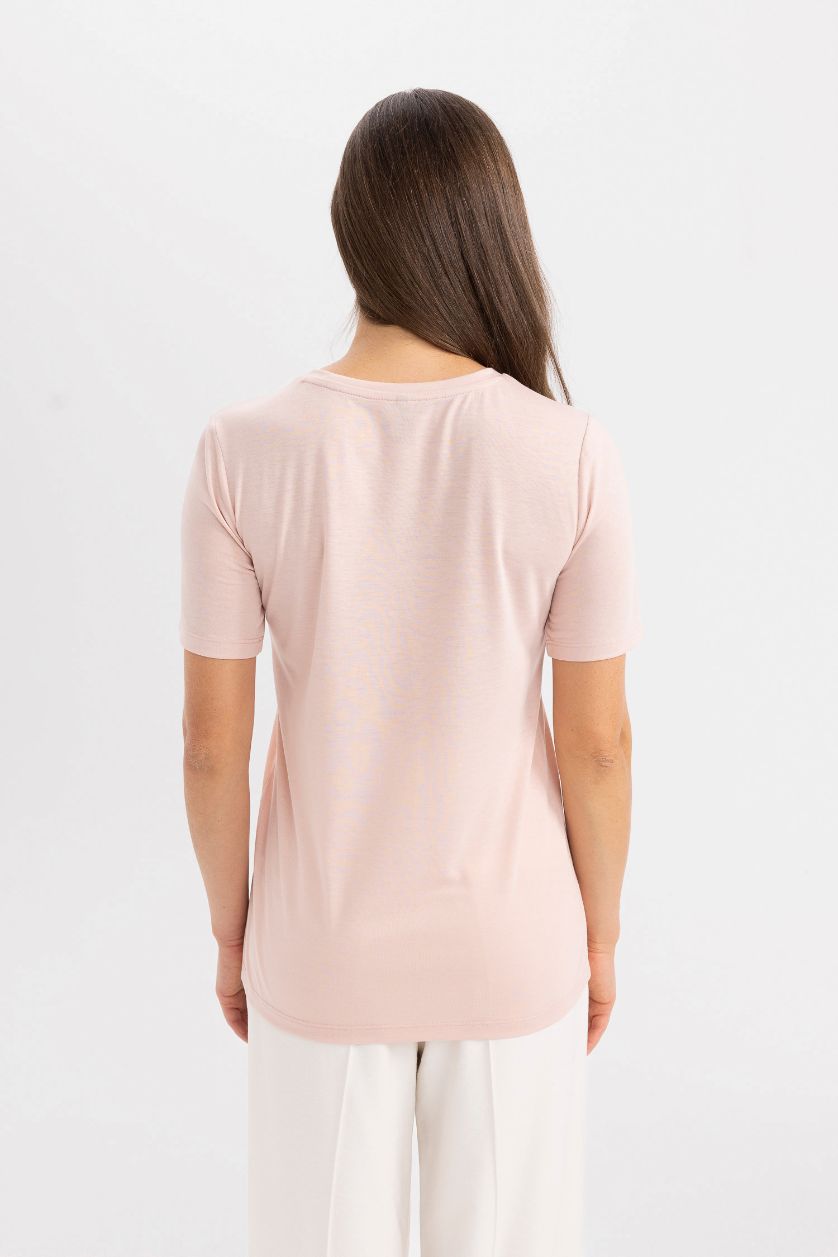 نساء وردي تيشيرت بنقشة الزهور نص كم قصة عادية برقبة مستديرة