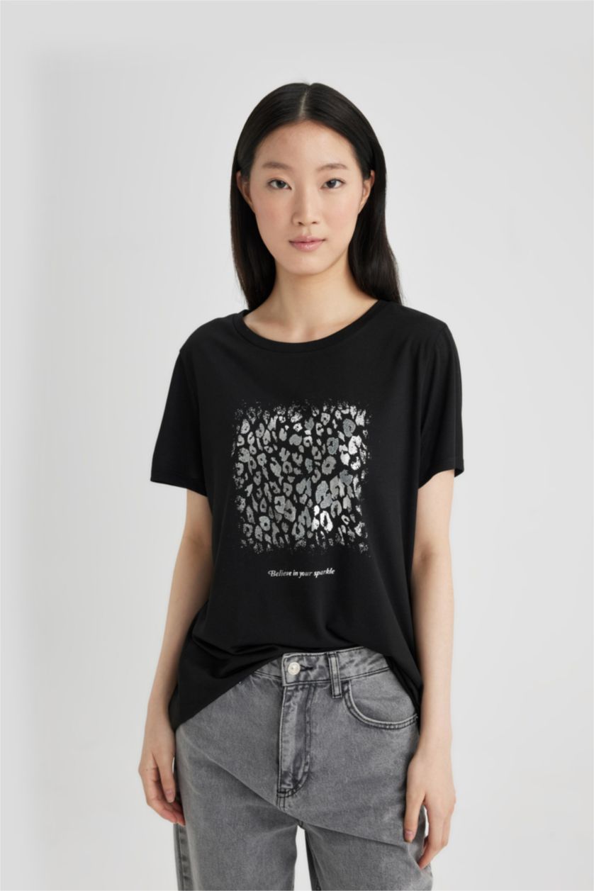 نساء أسود تيشيرت نص كم قصة عادية برقبة مستديرة