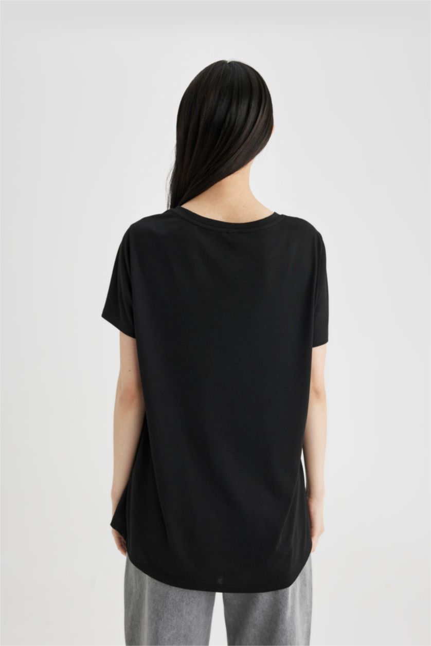 نساء أسود تيشيرت نص كم قصة عادية برقبة مستديرة