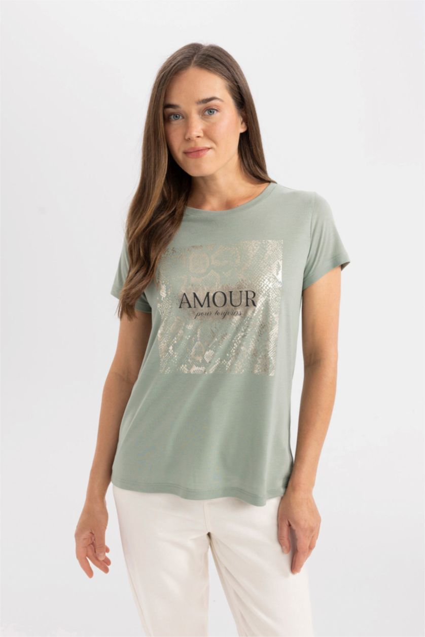FEMME Vert Clair T-Shirt à Manches Courtes Col Ras Du Cou