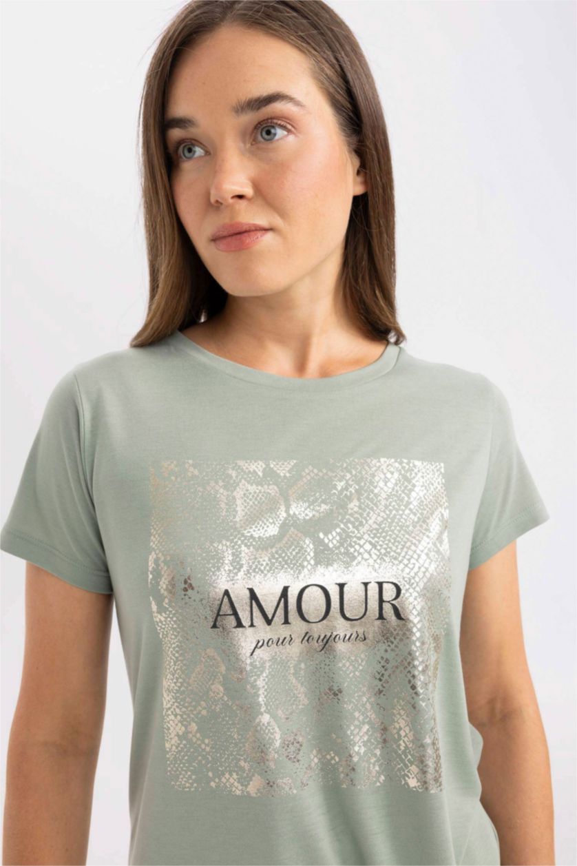 FEMME Vert Clair T-Shirt à Manches Courtes Col Ras Du Cou