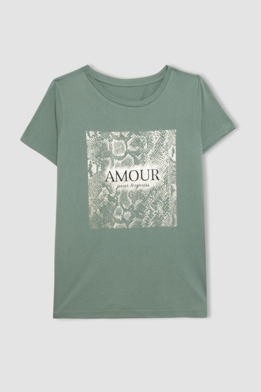 FEMME Vert Clair T-Shirt à Manches Courtes Col Ras Du Cou