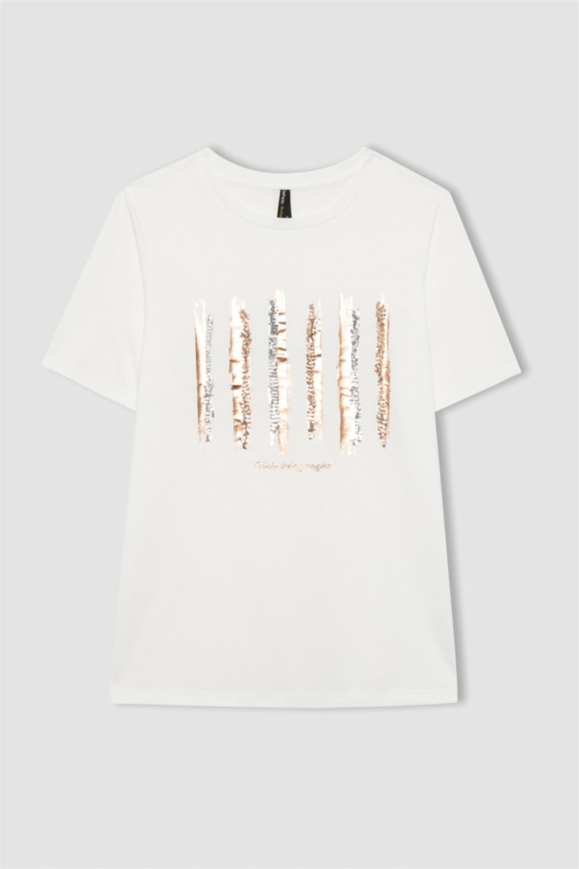 Woman Ecru Regular Fit Crew Neck Printed Short Sleeve T-Shirt