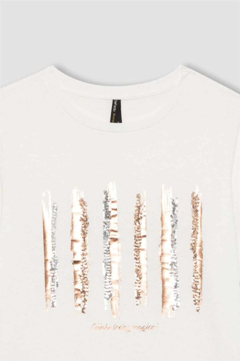 Woman Ecru Regular Fit Crew Neck Printed Short Sleeve T-Shirt