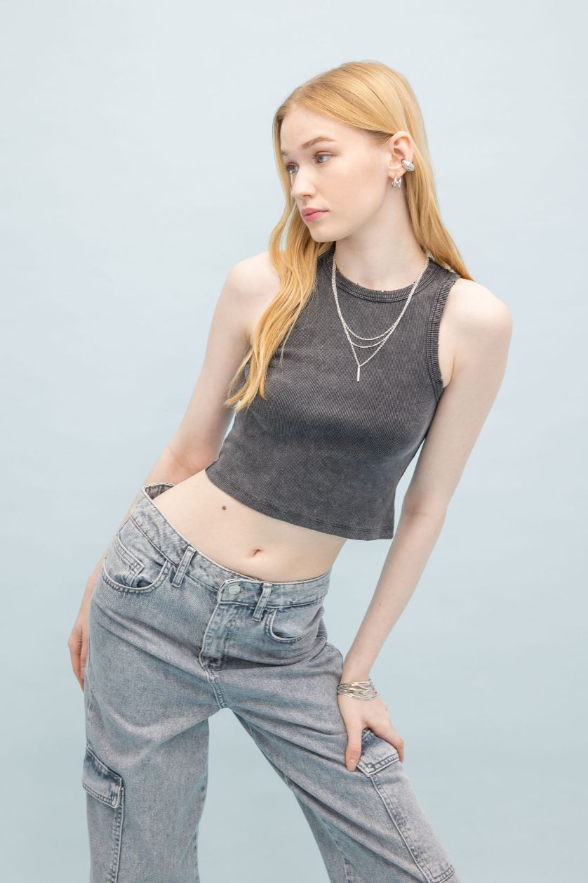 Kadın Antrasit Coool Fitted Fitilli Kaşkorse Yıkamalı Soluk Efektli Atlet