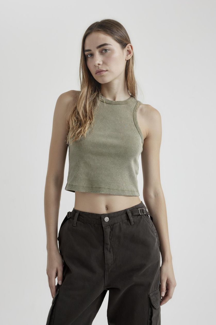 Kadın Haki Coool Fitted Fitilli Kaşkorse Yıkamalı Soluk Efektli Atlet