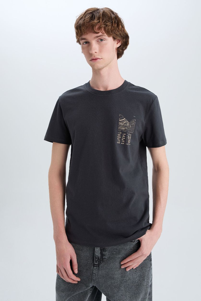 Erkek Antrasit %100 Pamuk Slim Fit Dar Kesim Bisiklet Yaka Baskılı Kısa Kollu Tişört