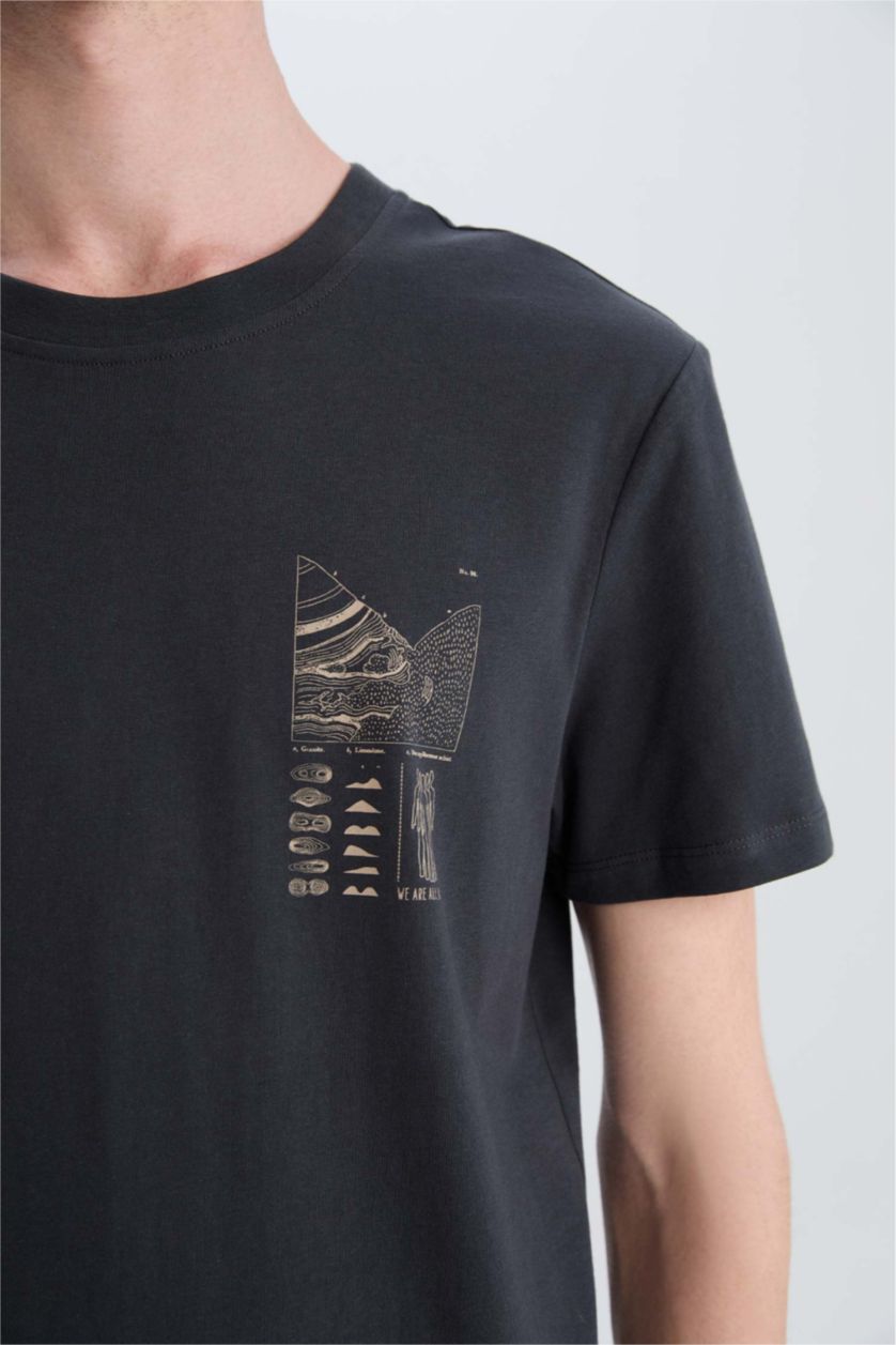 Erkek Antrasit %100 Pamuk Slim Fit Dar Kesim Bisiklet Yaka Baskılı Kısa Kollu Tişört