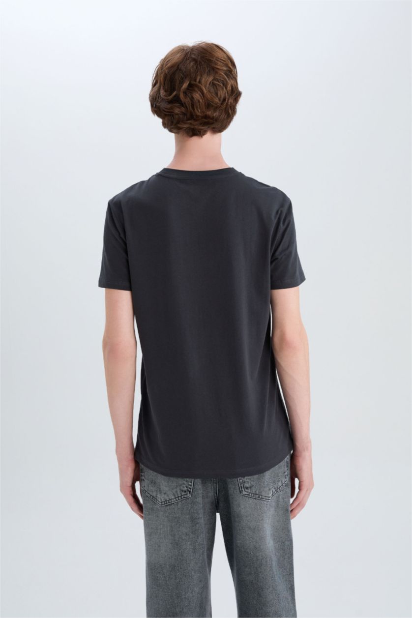 Erkek Antrasit %100 Pamuk Slim Fit Dar Kesim Bisiklet Yaka Baskılı Kısa Kollu Tişört
