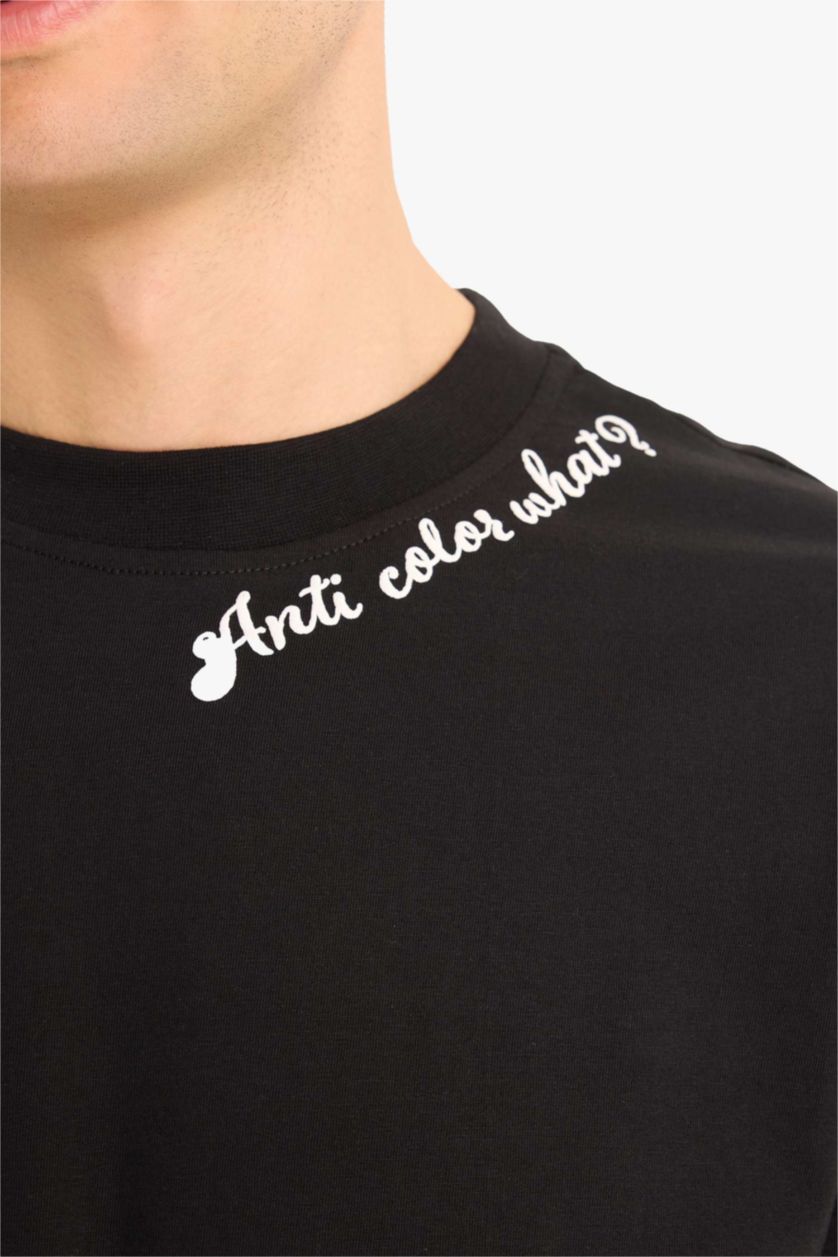 Erkek Siyah %100 Pamuk Boxy Fit Bisiklet Yaka Baskılı Kısa Kollu Tişört