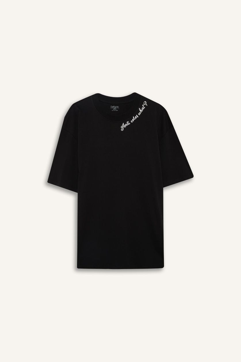 Erkek Siyah %100 Pamuk Boxy Fit Bisiklet Yaka Baskılı Kısa Kollu Tişört