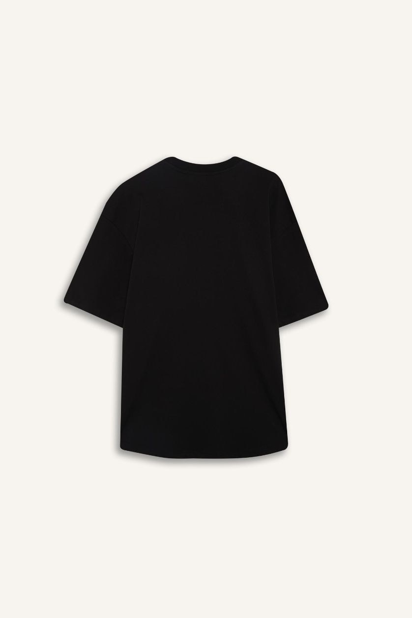 Erkek Siyah %100 Pamuk Boxy Fit Bisiklet Yaka Baskılı Kısa Kollu Tişört