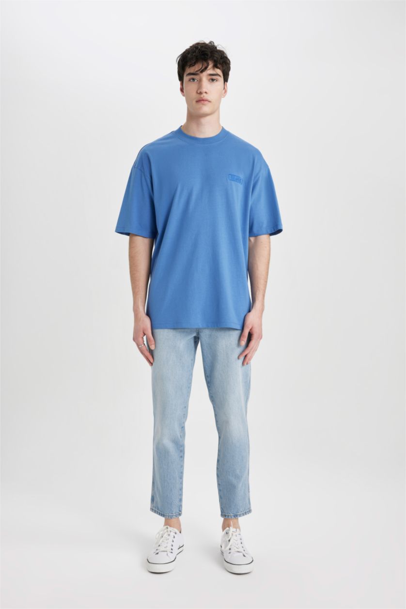 رجال أزرق تيشيرت نص ردن قصة مريحة بياخة مستديرة