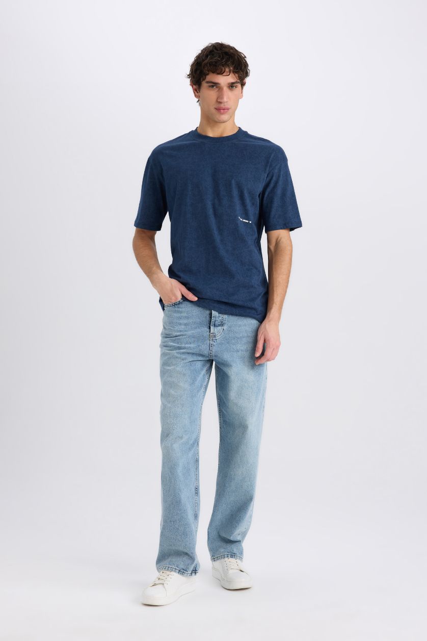 Man Blue Boxy Fit Crew Neck Printed Short Sleeve T-Shirt