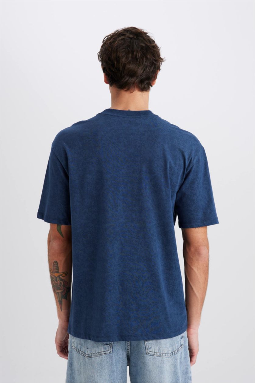 Man Blue Boxy Fit Crew Neck Printed Short Sleeve T-Shirt