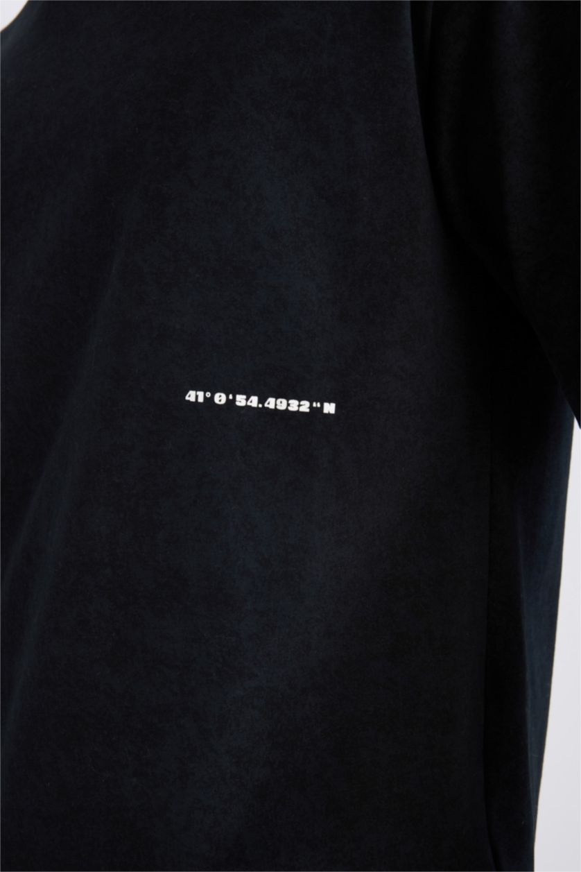 رجال أسود تيشيرت نص ردن مطبوع أوفر سايز بياقة مستديرة