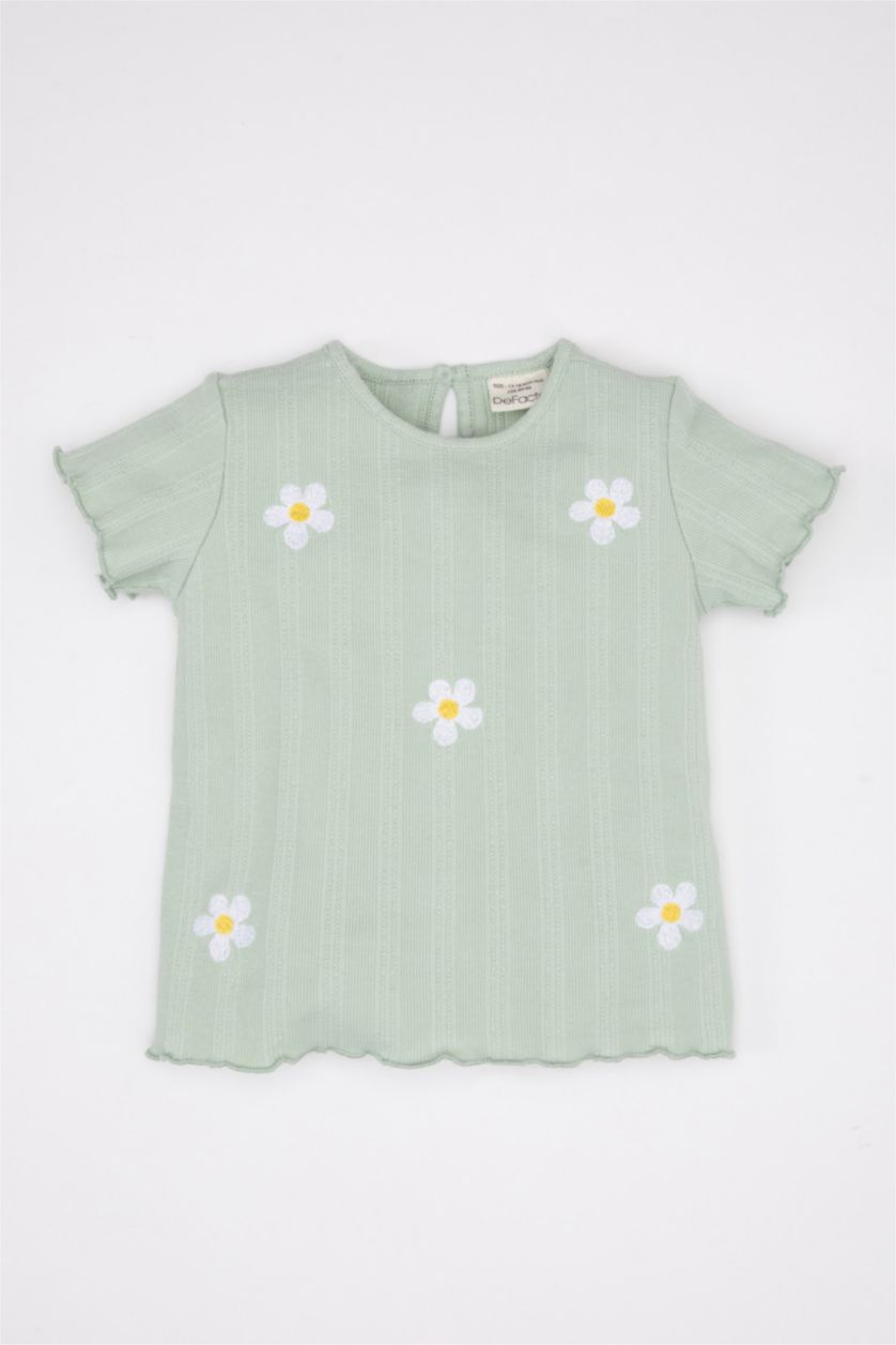 BÉBÉ FILLE Bleu T-Shirt à Manches Courtes Fleuri à Col rond pour Bébé Fille