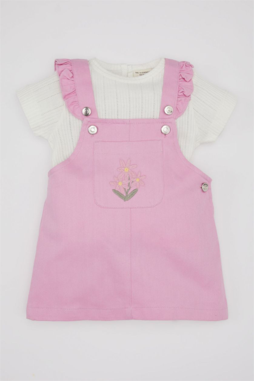 BÉBÉ FILLE Rose Ensemble de T-Shirt à Manches Courtes et Salopette en Gabardine à Fleurs pour Bébé Fille