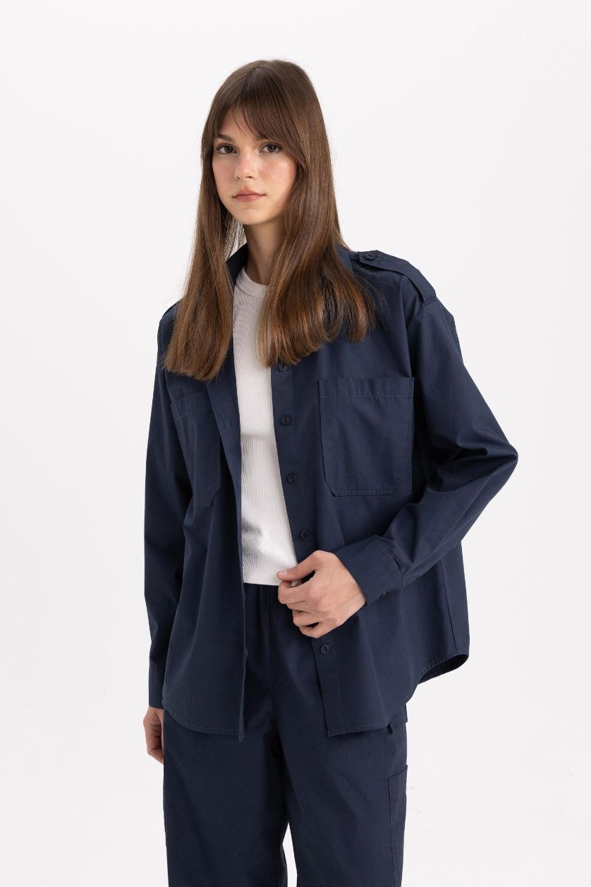 Kadın Lacivert Relax Fit Poplin Uzun Kollu Tesettür Gömlek Tunik