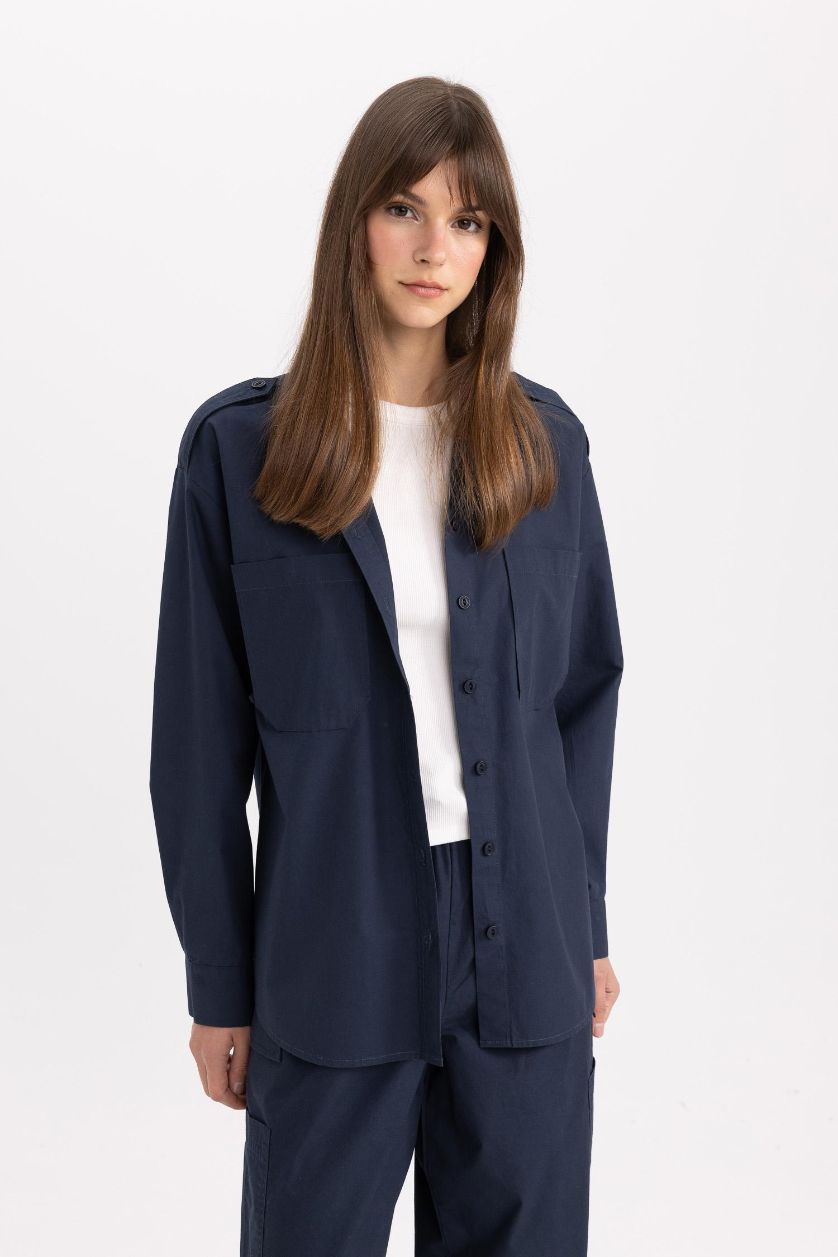 Kadın Lacivert Relax Fit Poplin Uzun Kollu Tesettür Gömlek Tunik