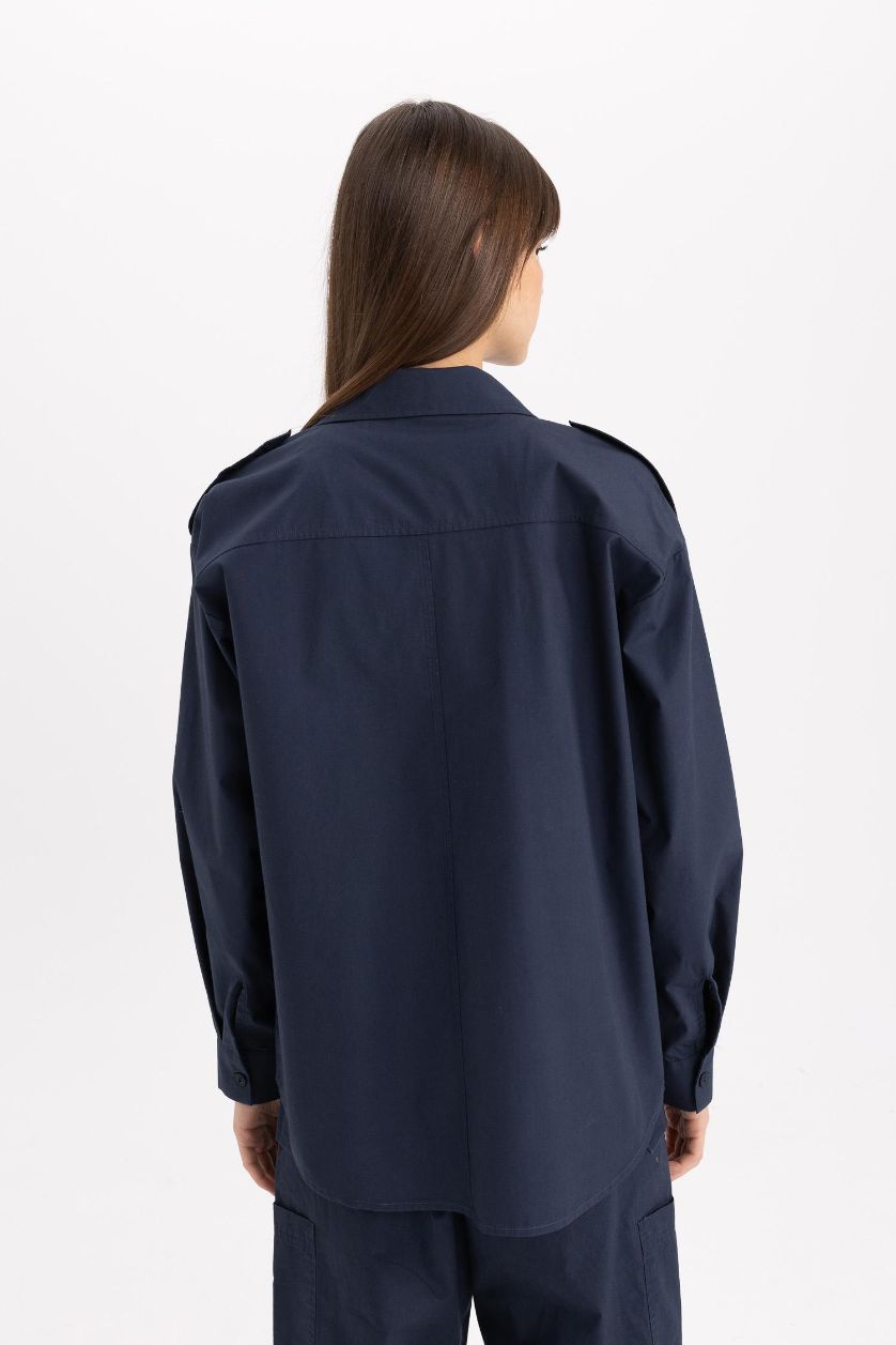 Kadın Lacivert Relax Fit Poplin Uzun Kollu Tesettür Gömlek Tunik