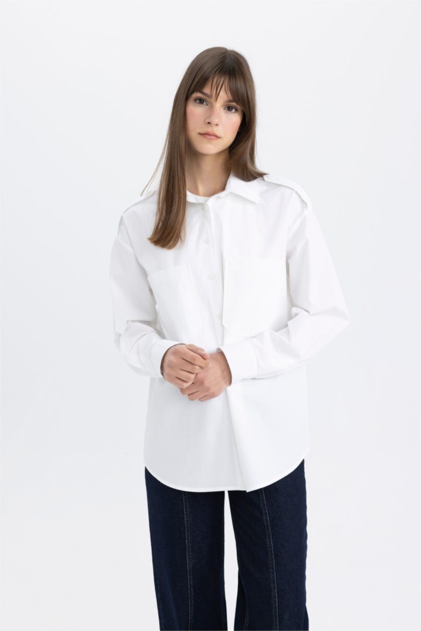 Kadın Beyaz Relax Fit Poplin Uzun Kollu Tesettür Gömlek Tunik