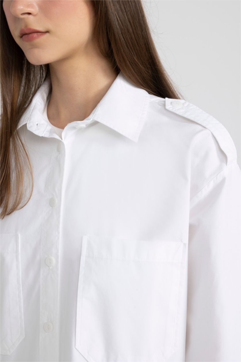 Kadın Beyaz Relax Fit Poplin Uzun Kollu Tesettür Gömlek Tunik