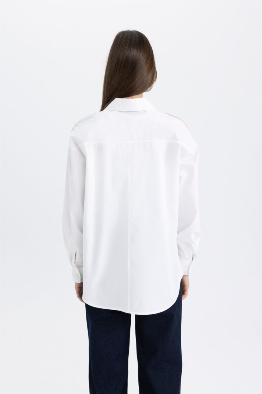 Kadın Beyaz Relax Fit Poplin Uzun Kollu Tesettür Gömlek Tunik