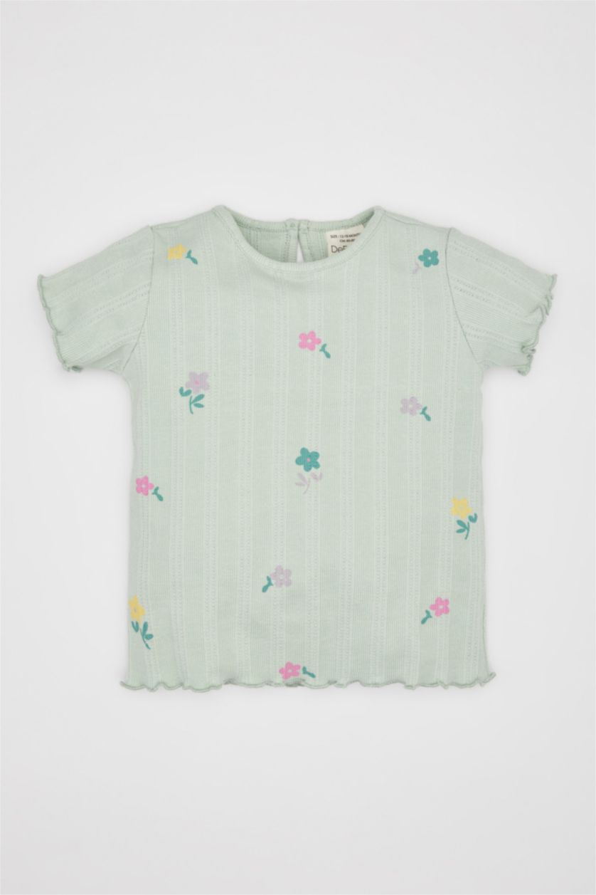 طفلة صغيرة نعناع تيشيرت بناتي نص كم مضلع بنقشة الزهور قصة عادية