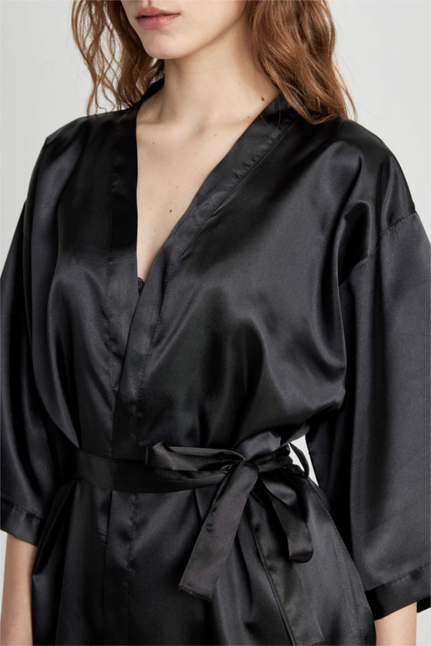Kadın Siyah Regular Fıt V Yaka Saten Uzun Kollu Sabahlık