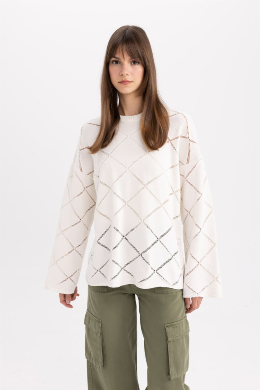 Kadın Taş Regular Fit Bisiklet Yaka Ajur Triko Kazak Tunik