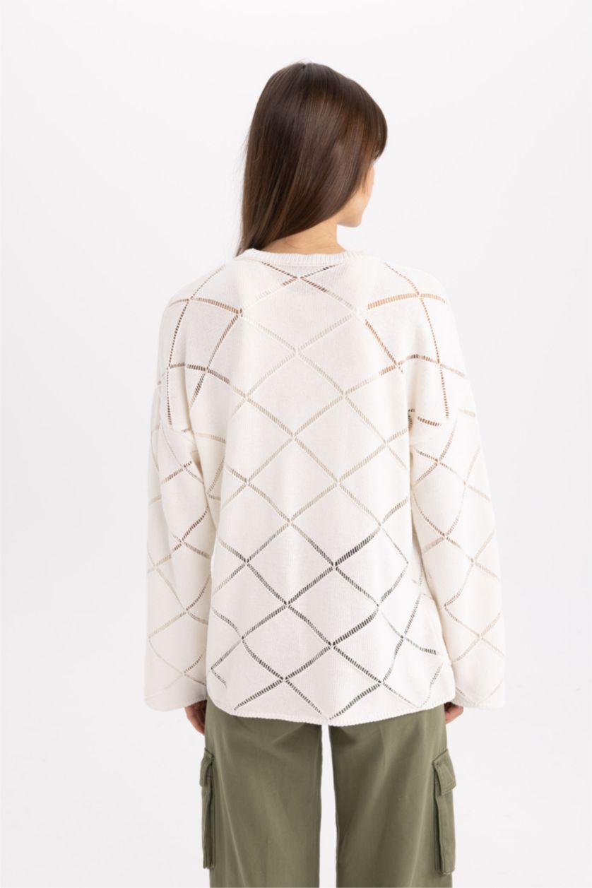 Kadın Taş Regular Fit Bisiklet Yaka Ajur Triko Kazak Tunik