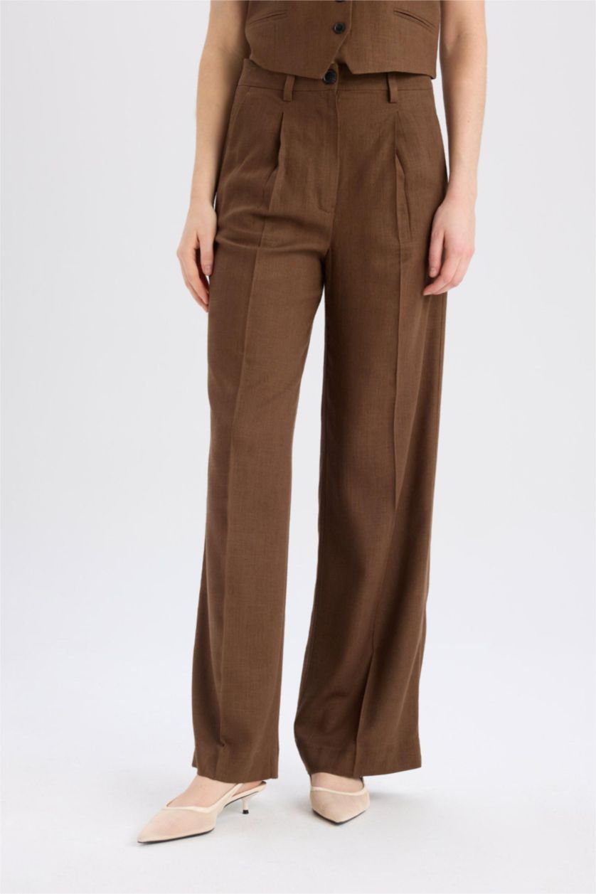 Женщины Коричневый Широкие брюки из смесового льна с высокой посадкой и карманами