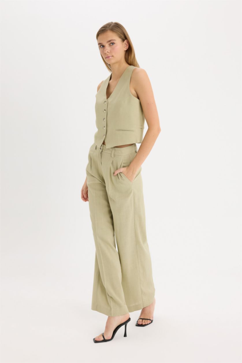 Женщины Светлый хаки Широкие брюки из смесового льна с высокой посадкой и карманами