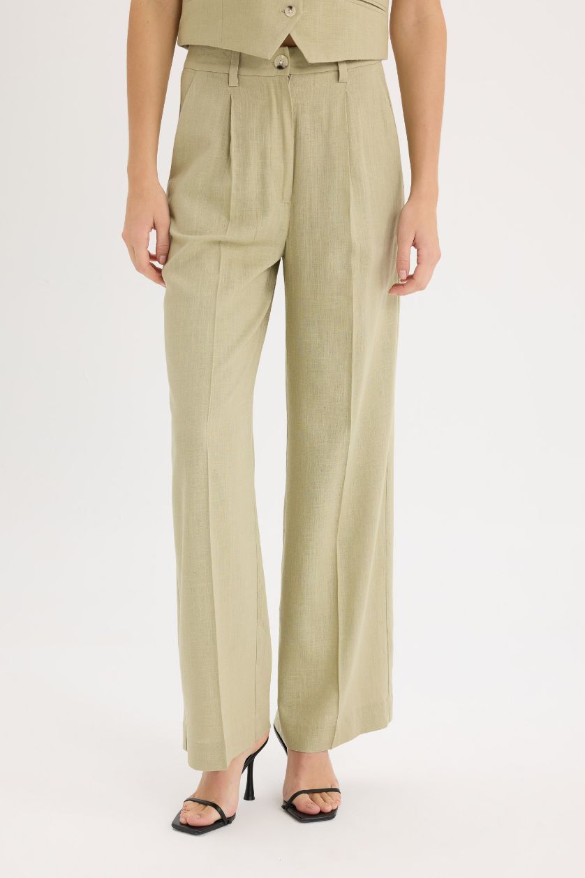 Женщины Светлый хаки Широкие брюки из смесового льна с высокой посадкой и карманами