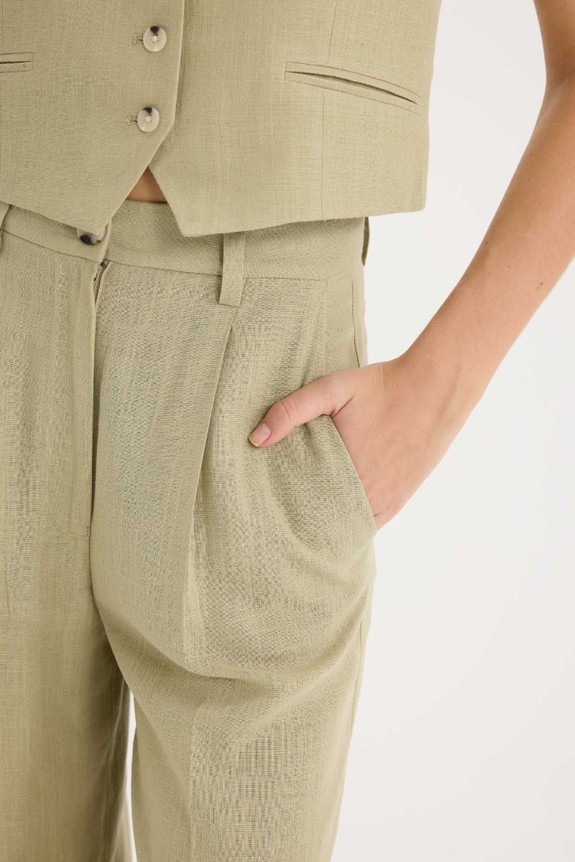 Женщины Светлый хаки Широкие брюки из смесового льна с высокой посадкой и карманами