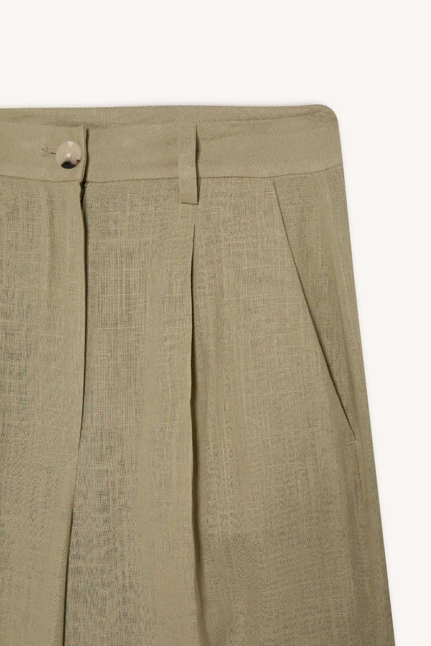 Женщины Светлый хаки Широкие брюки из смесового льна с высокой посадкой и карманами
