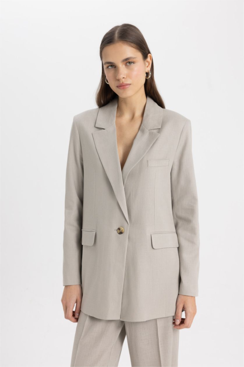 WOMAN Light Khaki Oversize Fit Linen Blend Blazer Jacket