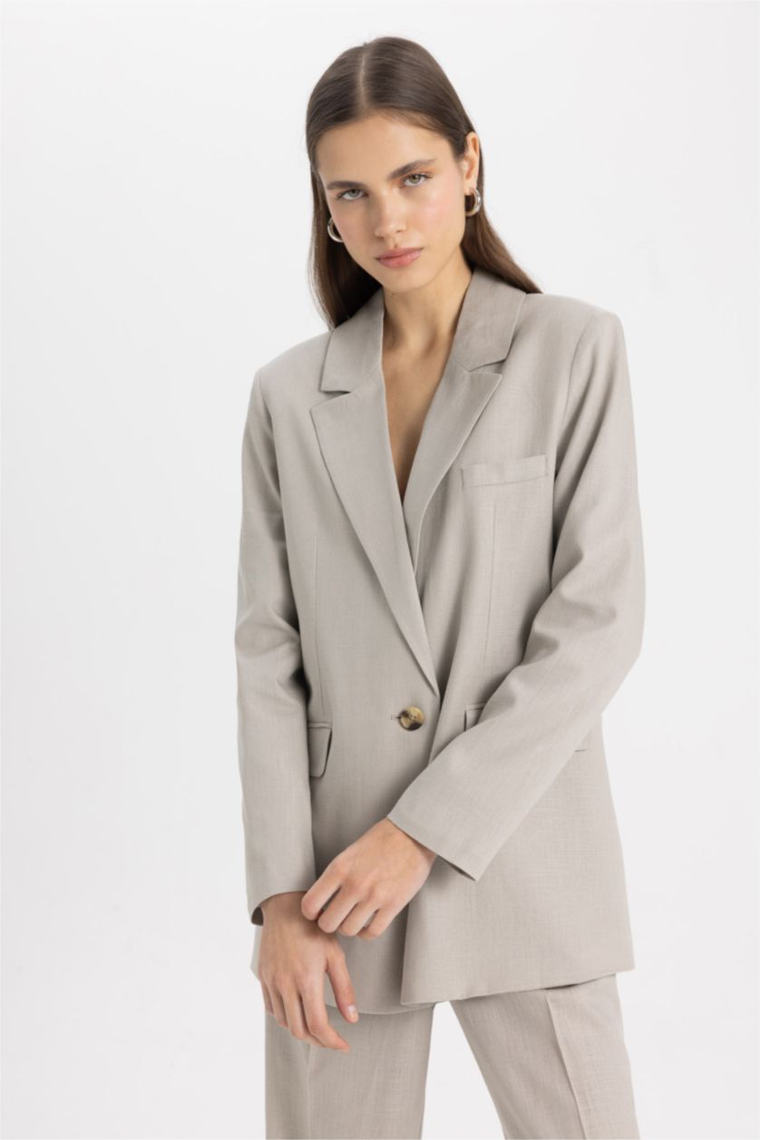 WOMAN Light Khaki Oversize Fit Linen Blend Blazer Jacket