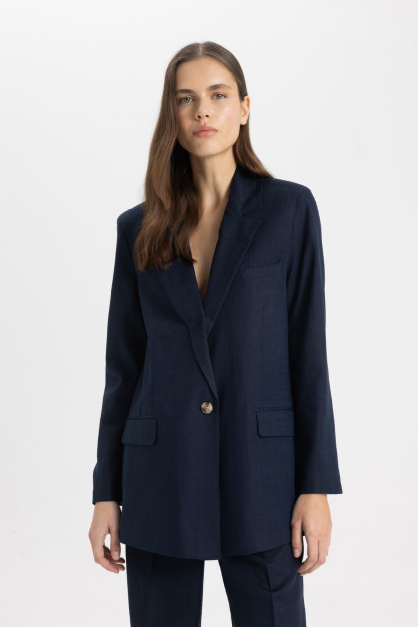 WOMAN NAVY Oversize Fit Linen Blend Blazer Jacket