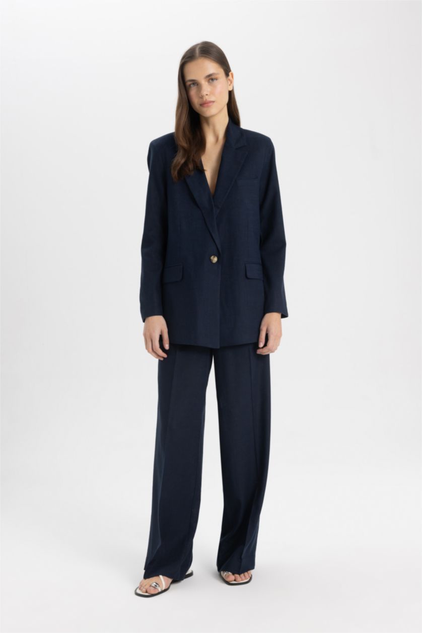 WOMAN NAVY Oversize Fit Linen Blend Blazer Jacket