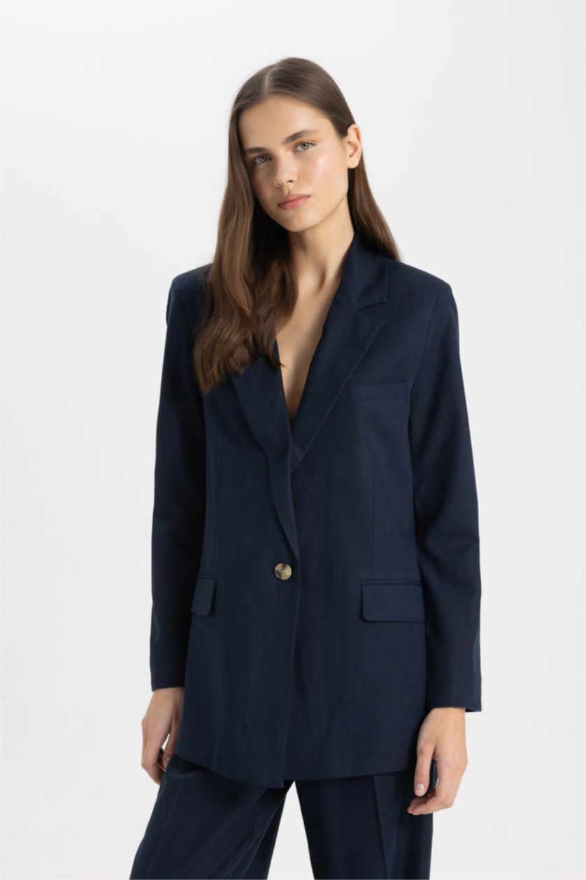 WOMAN NAVY Oversize Fit Linen Blend Blazer Jacket