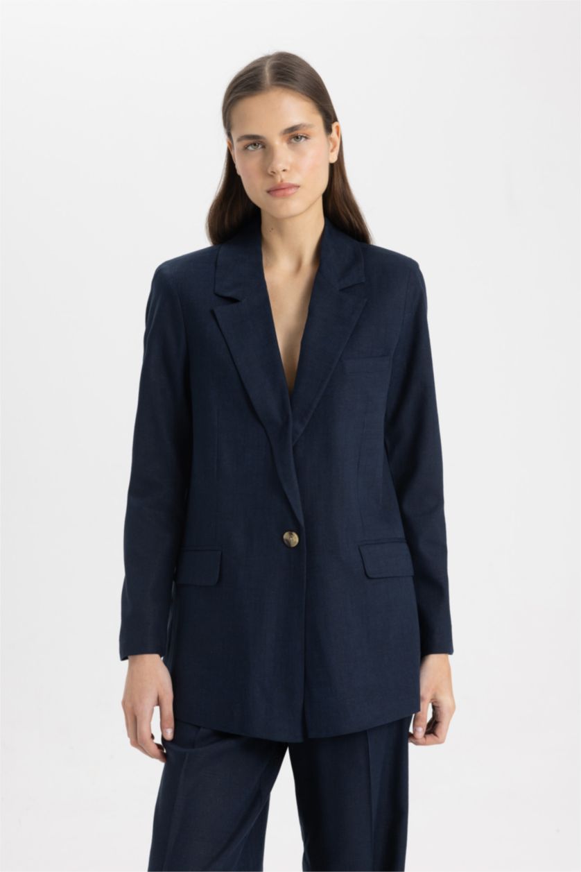 WOMAN NAVY Oversize Fit Linen Blend Blazer Jacket
